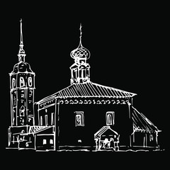 Isolated vector illustration. Russian Orthodox temple in Suzdal. Hand drawn linear sketch. White silhouette on black background.