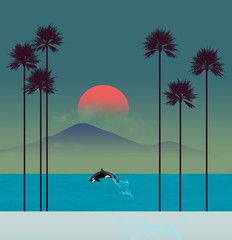 A tropical beach scene at sunset features palm trees and a leaping orca (killer whale).