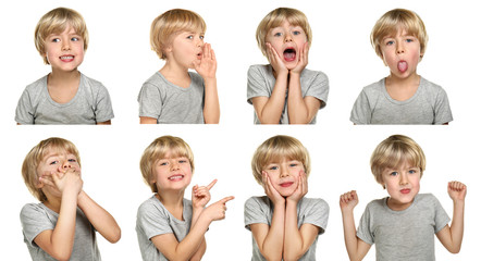 Little boy with different emotions on white background