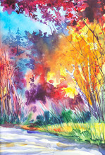Watercolor Illustration Of A Beautiful Bright Fall Forest Landscape