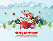 Origami Paper Art Postcard Of Santa Claus And Friend Driving Christmas Red Car On The Sky, Merry Christmas And Happy New Year
