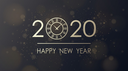 Wall Mural - Golden happy new year 2020 and clock face with glitter on black color background