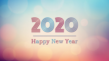 Wall Mural - Happy new year 2020 and abstract bokeh in vintage blue and purple color background