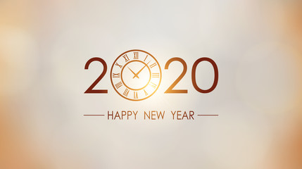Wall Mural - Happy new year 2020 and clock with sun light flare in vintage gold color background