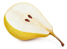 One Fresh Pears Clipping Path. Ripe Pears Isolated On White Background. Pear Half.
