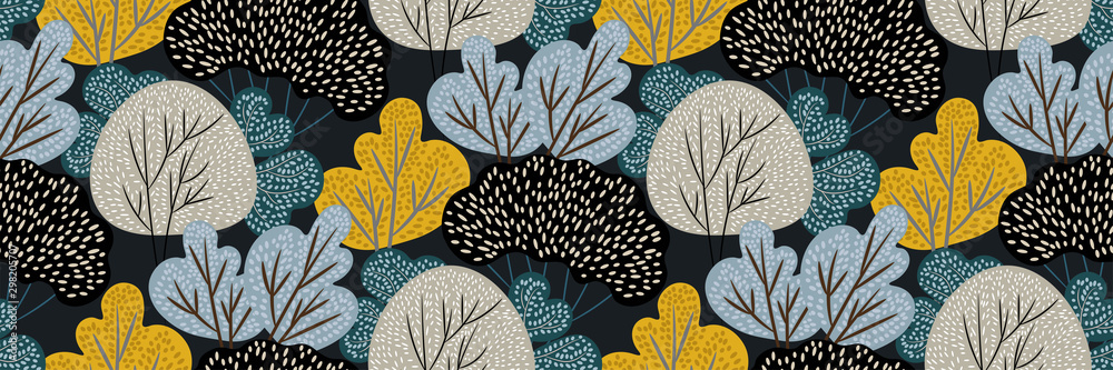 Abstract autumn forest on dark background. Vector seamless pattern with deciduous trees in hand drawn style. Colorful creative print, natural border, Wallpaper, fabric. Original modern vintage design. - obrazy, fototapety, plakaty 