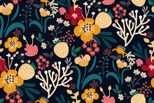 Bright Floral Print With Various Hand Drawn Flowers, Leaves, Berries On A Dark Background. Abstract Colorful Pattern. Vector Seamless Pattern. Plant Flower Nature Wallpaper. Original Design.