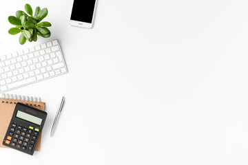 elegant office desktop with business accessories isolated on white background with copyspace. financ