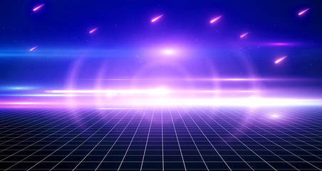 Leinwandbilder - Retro Sci-Fi Background Futuristic Grid landscape of the 80`s. Digital Cyber Surface. Suitable for design in the style of the 1980`s. 3D illustration