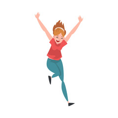 Poster - Smiling Girl Running with Raising Hands Up, Happy Positive Teenage Girl Character Vector Illustration