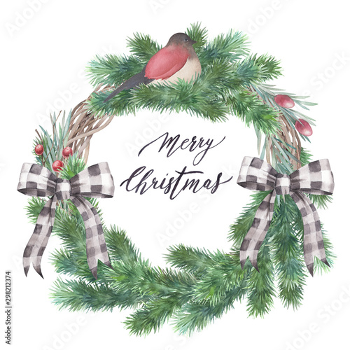 Watercolor isolated frame. Christmas tree and branches wreath on white backgr...