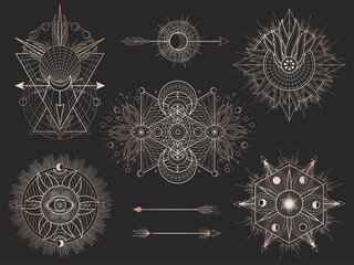 Wall Mural - vector set of sacred geometric symbols and figures on black background. abstract mystic signs collec