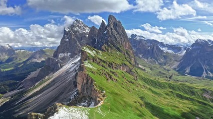 Wall Mural - areal view of seceda in dolomites with blue sky