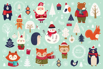 Wall Mural - christmas decorative banner with funny santa claus, snowman and many others.