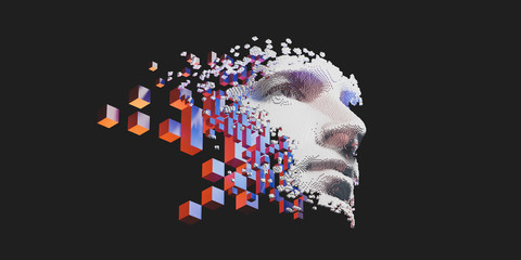 abstract digital human face. artificial intelligence concept of big data or cyber security. 3d illus
