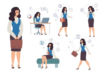 Wall Mural - Businesswoman Office Work Routine Flat Vector Set