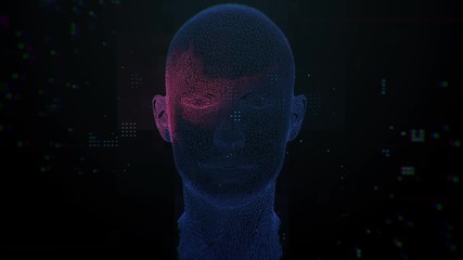 Poster - 3d render concept of complex female face recognition algorithm. Cyber security theme animation.