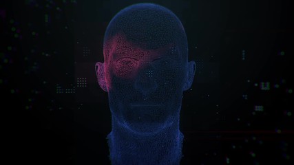 Poster - 3d render concept of complex male face recognition algorithm. Cyber security theme animation.