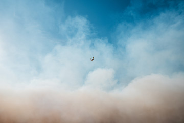 Canvas Print - Airplane flies through the wildfire smoke. Tick Fire in Santa Clarita, CA