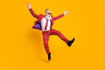 Poster - Full length body size view of his he nice handsome attractive cheerful cheery carefree gray-haired man jumping having fun rejoice isolated over bright vivid shine vibrant yellow color background