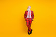 Full body photo of cool grandpa guy white beard groom man looking empty space thinking over wedding speech wear red blazer tie pants outfit isolated yellow color background