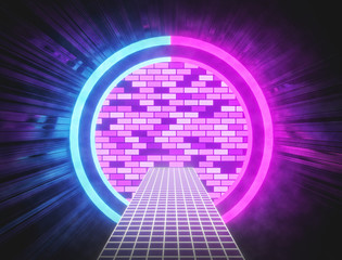 Poster - Modern Futuristic Stage. Glowing neon lights round tunnel abstract background. pink and blue vibrant colors. 3d rendering