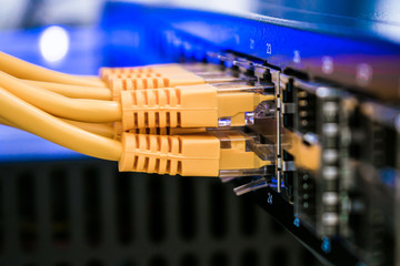 Utp wires are in the office router close-up. Internet cable is in the datacenter server room. Several yellow network wires are connected to the switching hub ports. Information technology concept.