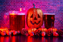 Halloween Pumpkin With A Beer Jug And Beer Pint 
