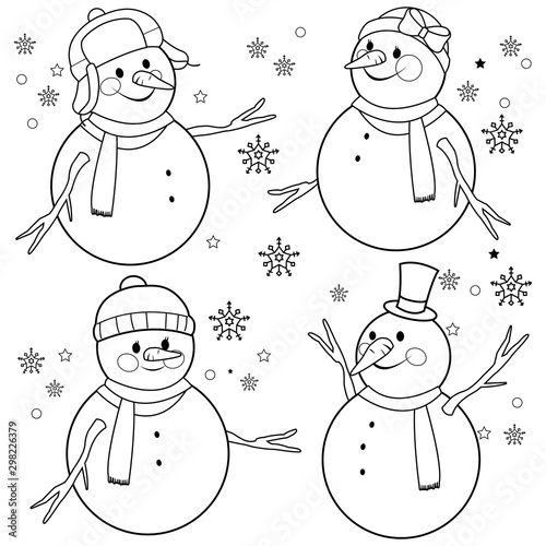 snowmen with winter hats and scarves vector black and white