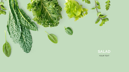 Creative layout made of kale, salad leaves, spinach, ruccola on green background. Flat lay. Food concept. Macro concept.