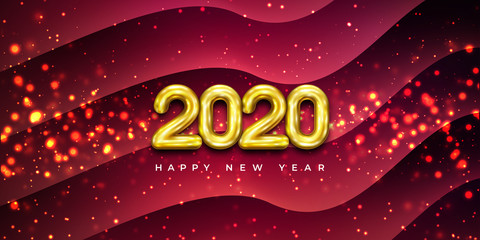 Wall Mural - Happy New 2020 Year with combination of shining dots. Realistic, 3d, Glossy Yellow Air Blown Two Thousand Twenty 2020 On wavy red Background.