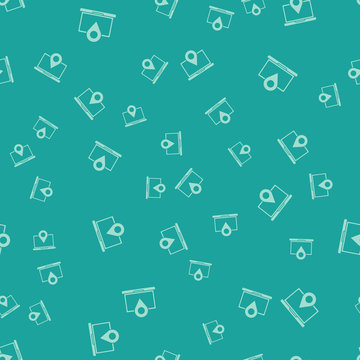 Green Laptop with location marker icon isolated seamless pattern on green background. Vector Illustration