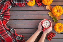Young European Girl With Red Manicure On Nails Holds In Hands Red Cup Of Cocoa With Marshmallows On Belted Plaid Background. Thanksgiving Day. Hugge. Lagom