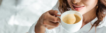 Panoramic Shot Of Woman Drinking Coffee From Cup At Morning