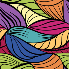 Wall Mural - Abstract tangled leaves seamless pattern. Colorful wavy striped background. Endless backdrop. Vector illustration