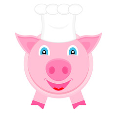 Pink funny cute pig in chef cap. Cartoon character. Vector illustration in flat style.