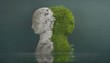 Surreal contrast emotions concept, broken human head sculpture and nature human head in water, fantasy illustration, freedom hope mind