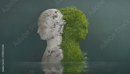 Fotografía Surreal contrast emotions concept, broken human head sculpture and nature human