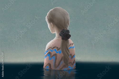 Surreal Sad Depression And Alone Concept Young Woman In Water