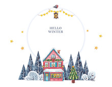 Watercolor Christmas Illustration With A Round Frame And A Cozy Pink House With A Shop Window. A Cat Peeps Out Of The Window. Near The House Is A Christmas Tree. The Light In The House Is On.