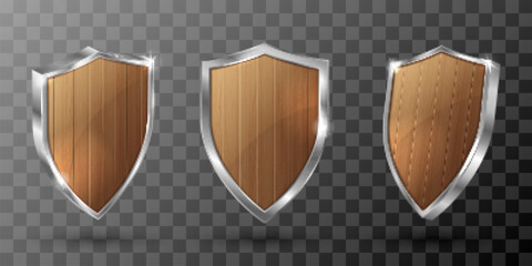Wall Mural - wooden shield with metal frame realistic vector illustration. blank brown wooden panel with reflecti