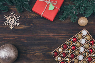 Wall Mural - Miracle is almost here. Top above high angle overhead closeup view photo of charming beautiful stylish christmas decor on dark brown wooden table