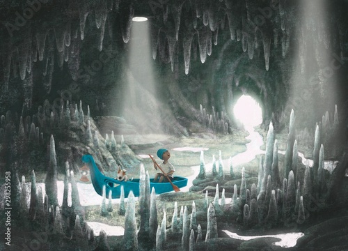 scena-przygodowa-chlopiec-i-jego-pies-na-lodzi-w-jaskini-morskiej-malarstwo-fantasy-surrealistyczna-ilustracja-wyobraznia