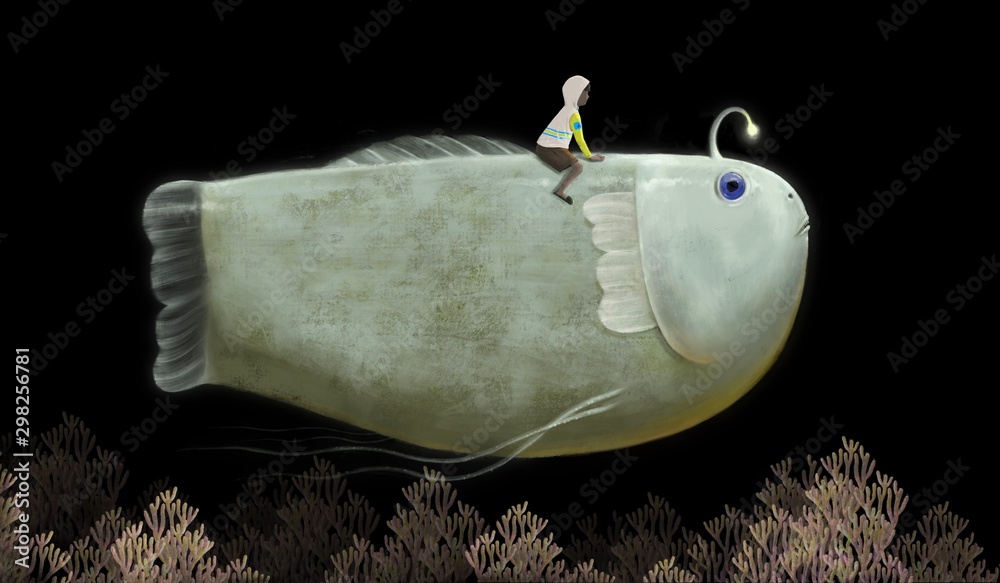 Fantasy of little boy riding cute Giant fish in night sky, painting illustration, imagination and freedom concept - obrazy, fototapety, plakaty 