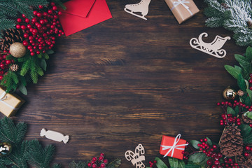 Wall Mural - Top above high angle view photo of christmas creative object composition have blank empty space for noel greeting congratulations lay on brown wooden table
