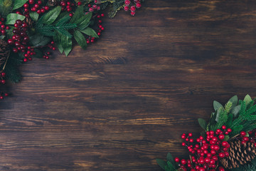 top above high angle view photo of christmas object composition of fir tree branches berries pine co