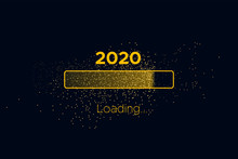 Progress Bar With Golden Particles On Black Download New Year's Eve. Loading Animation Screen With Glitter Confetti Shows Almost Reaching 2020. Creative Festive Banner With Shiny Progress Bar.