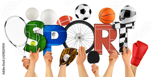 Dekoracja na wymiar  sportowcy-trzymajacy-kolorowy-list-ze-slowem-sport-ozdobiony-artykulami-sportowymi-na-rowerze