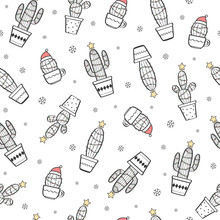 Vector Seamless Pattern With Funny Cactuses With Christmas Decorations. Merry Christmas Black And White Festive Background