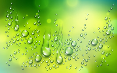 Water rain drops or condensation over blurred green nature background beyond the window, realistic transparent 3d vector illustration, easy to put over any background.